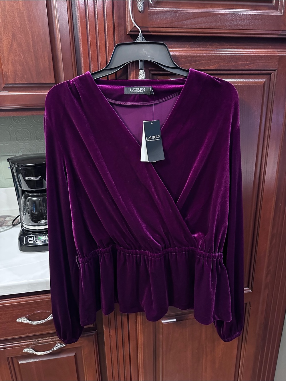 Lauren Ralph Lauren Purplish/Raspberry Velvet Wrap Peplum Top